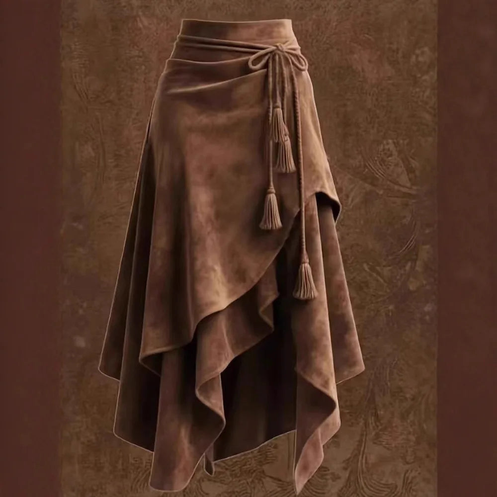 2026 Autumn Melard Coffee Suede Half Skirt For Women Irregular Lace Up Slimming A-line Mid-length Umbrella Skirt