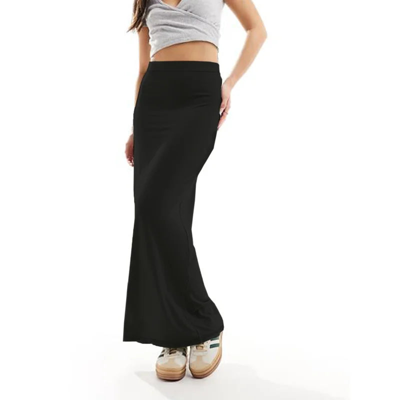 Solid Color Regular Fit Midi Skirt 2026 Women's Elastic Waist Casual Office Slimming Elegant Skirt