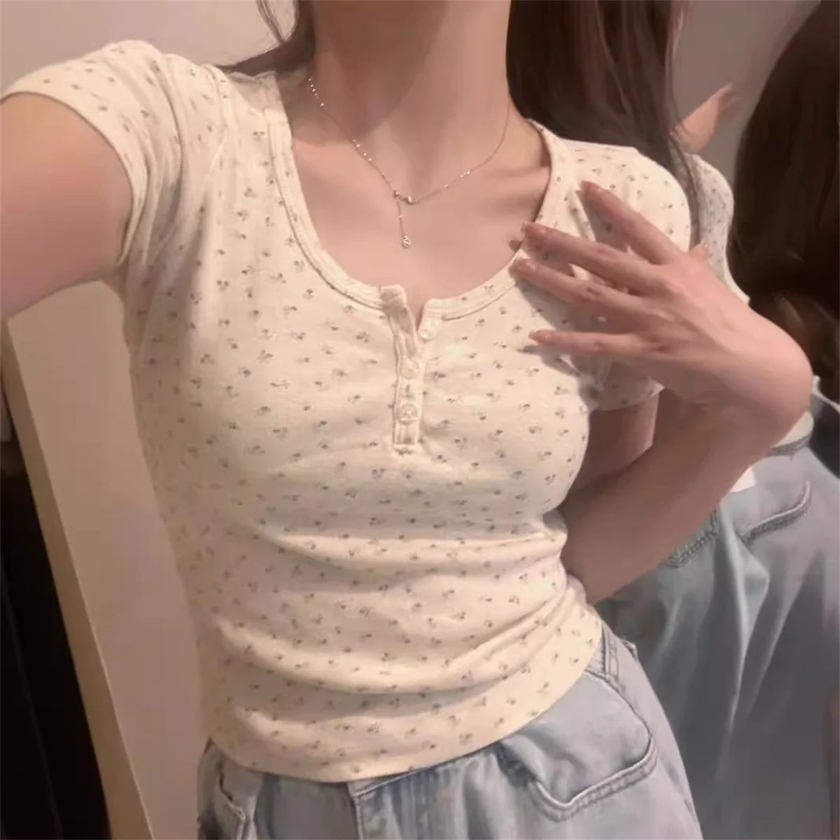 Y2k Short sleeve Sexy U Collar Floral Print Lace Slim T-shirt 2...