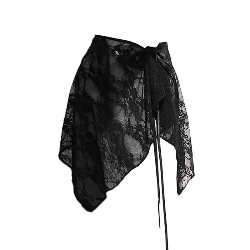 Women Lace Apron Skirt Irregular Layered Wrap Skirt Spring Bandage Hip Covering Casual Outer Skirt