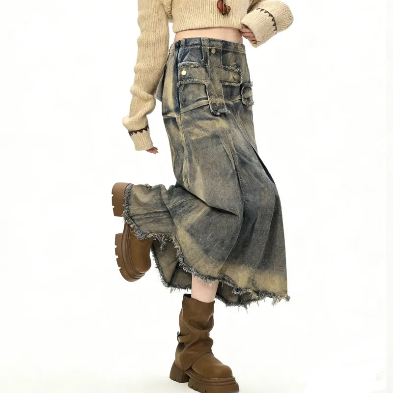 2026 New Grunge Style Washed Denim Midi Skirt, Vintage Distressed Raw Hem A-Line Skirt for Y2K Girls