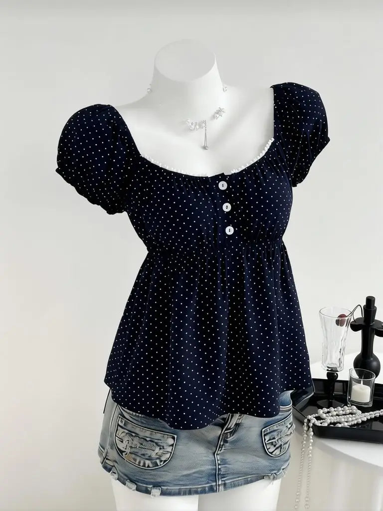 Polka Dot Babydoll Top Women Summer Sweet Korean Puff Short Sle...