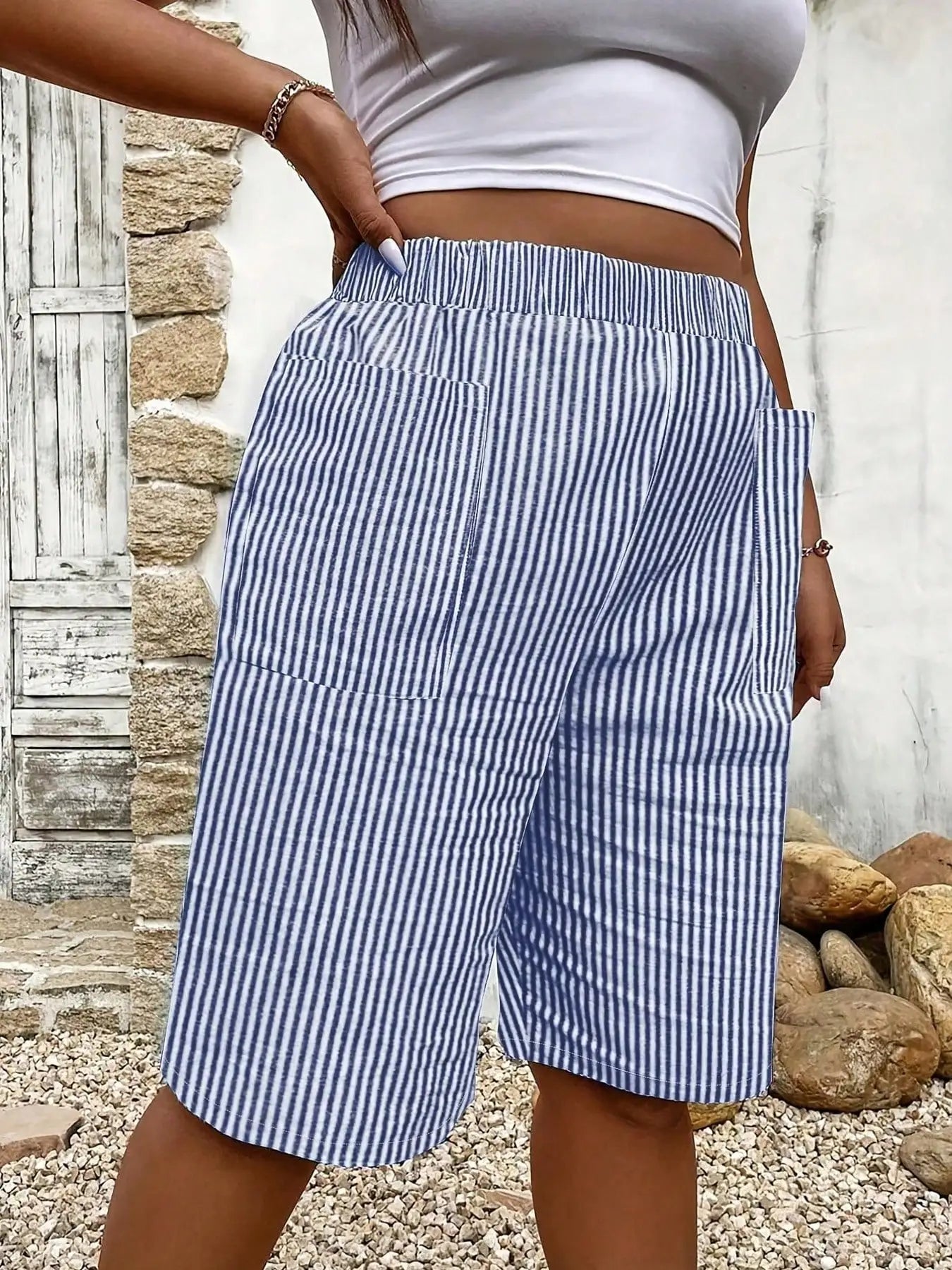 Women's Striped Print High Waist Shorts Casual Elastic Waist Po...