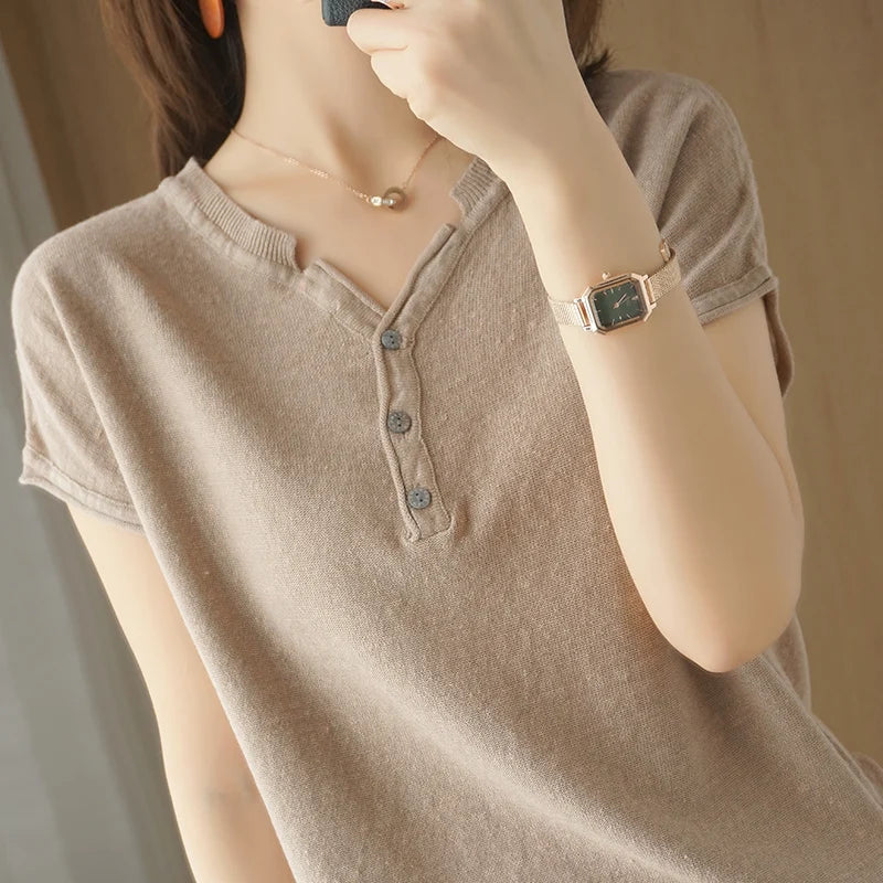 Summer 100% pure cotton women's T-shirt V-neck knitted short sl...