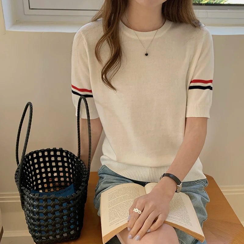 Summer 100% cotton women's T-shirt casual striped knit pullover short sleeved loose round neck Tees Pull luxury brand Tops